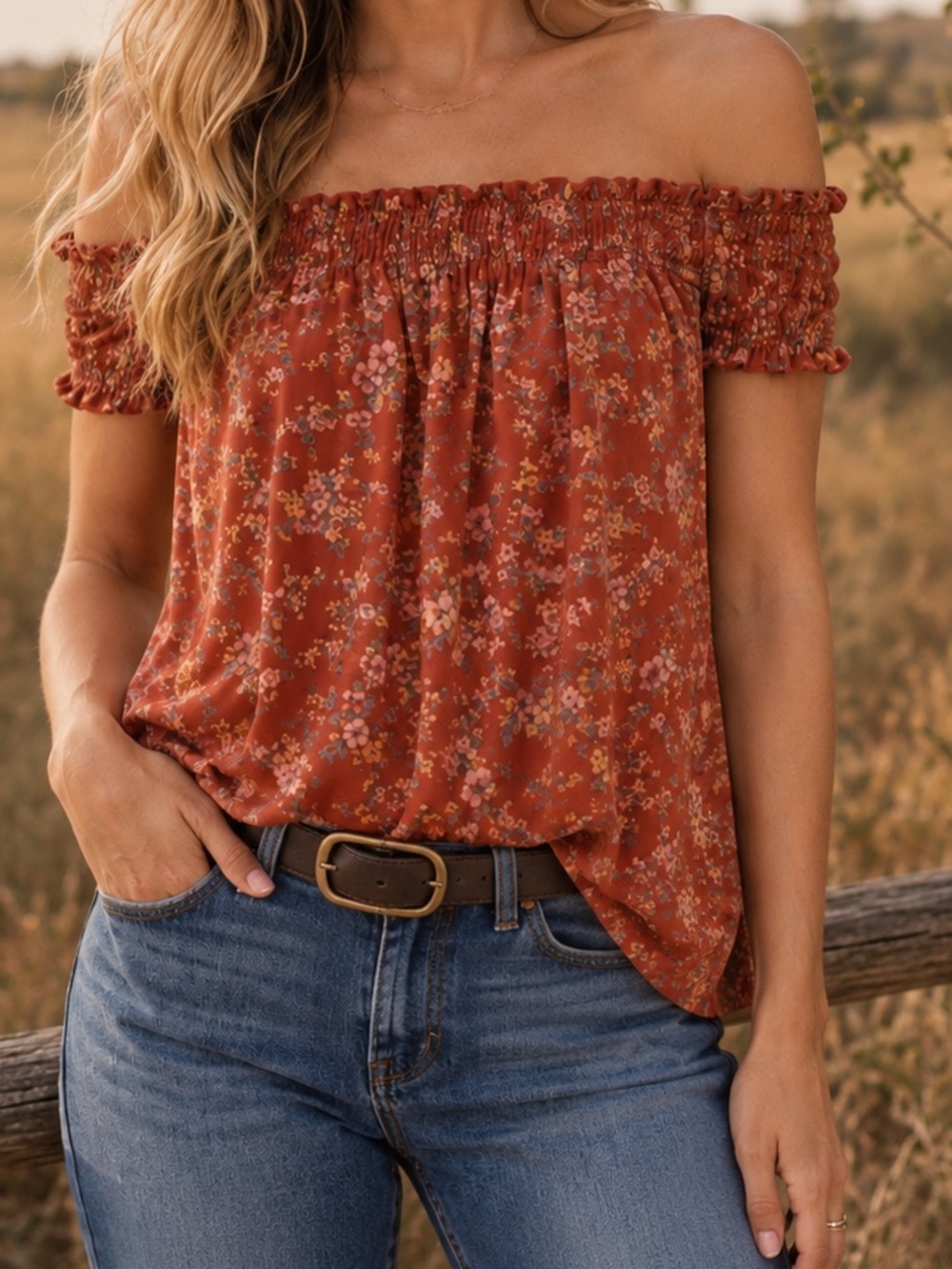 American Eagle Size S Rust Ditsy Floral Off Shoulder Top Ruffles Prairie Peasant